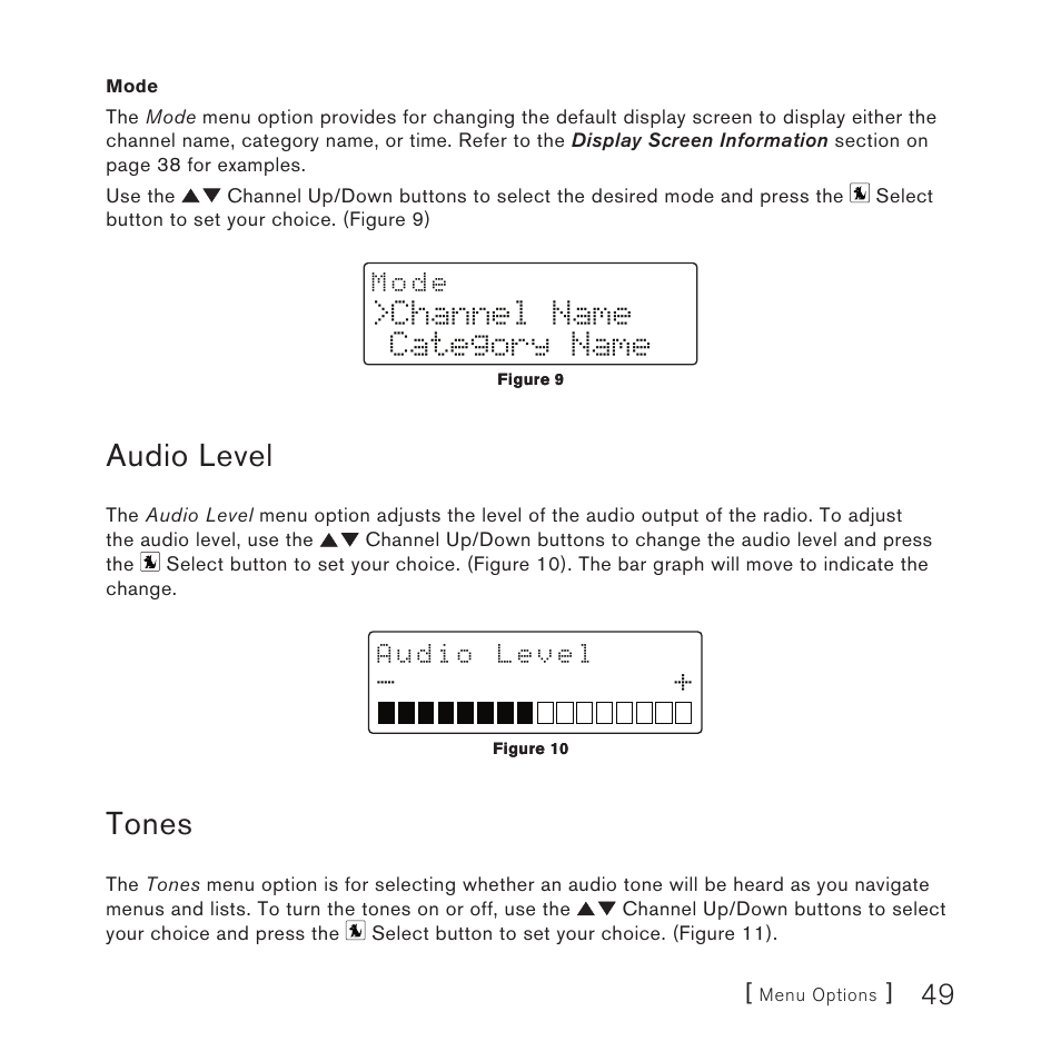 Audio level, Tones, Channel name category name | Sirius Satellite Radio Satellite Radio Plug-n-Play AM/FM SV3 User Manual | Page 49 / 64