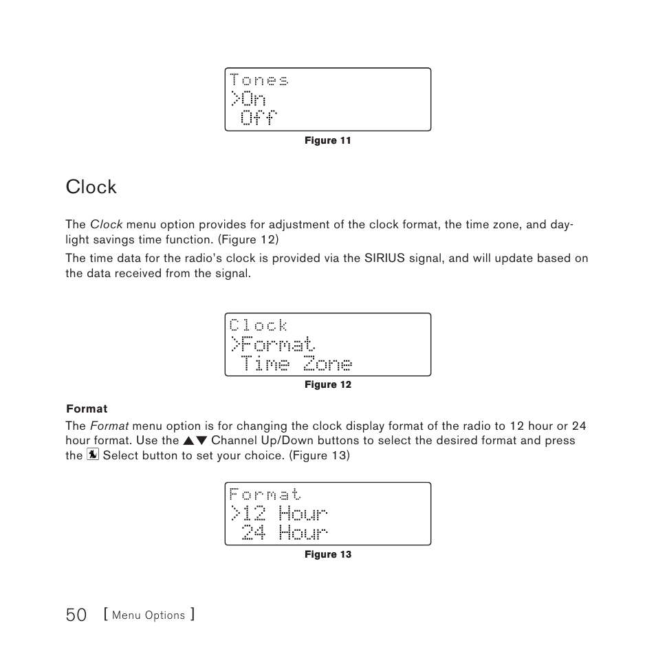 Clock, 50 >on off, Format time zone | 12 hour 24 hour | Sirius Satellite Radio Satellite Radio Plug-n-Play AM/FM SV3 User Manual | Page 50 / 64