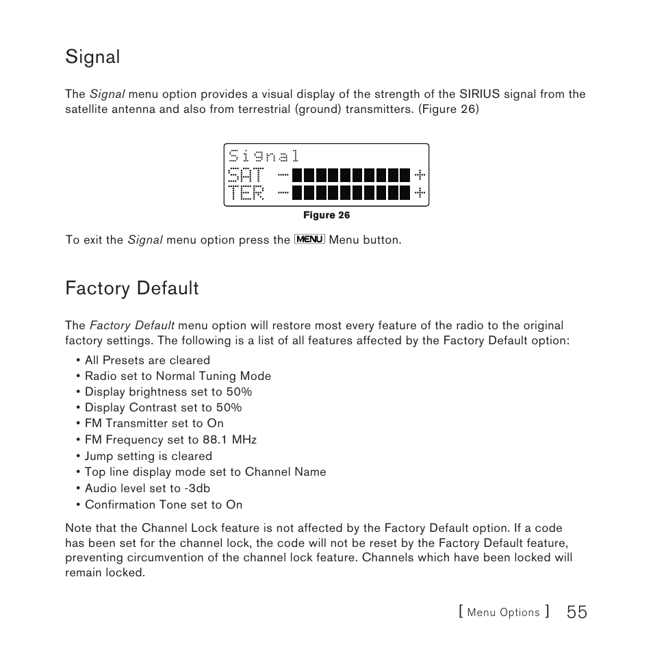 Signal, Factory default, Sat - + ter | Sirius Satellite Radio Satellite Radio Plug-n-Play AM/FM SV3 User Manual | Page 55 / 64