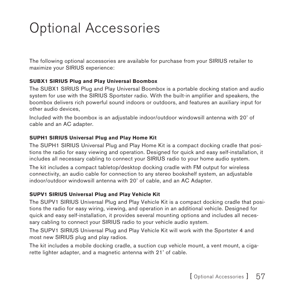 Optional accessories | Sirius Satellite Radio Satellite Radio Plug-n-Play AM/FM SV3 User Manual | Page 57 / 64
