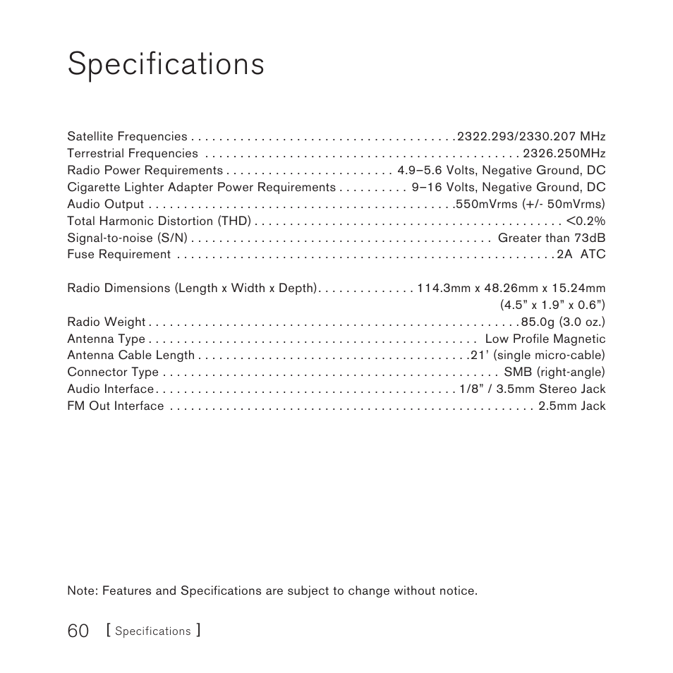 Specifications | Sirius Satellite Radio Satellite Radio Plug-n-Play AM/FM SV3 User Manual | Page 60 / 64