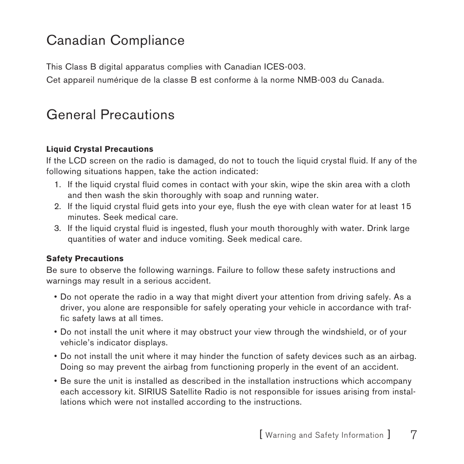 Canadian compliance, General precautions | Sirius Satellite Radio Satellite Radio Plug-n-Play AM/FM SV3 User Manual | Page 7 / 64