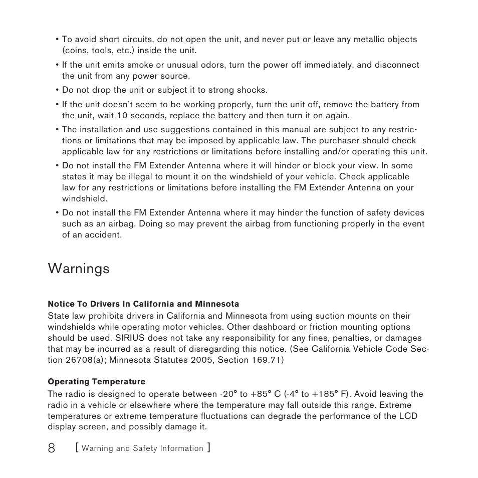 Warnings | Sirius Satellite Radio Satellite Radio Plug-n-Play AM/FM SV3 User Manual | Page 8 / 64