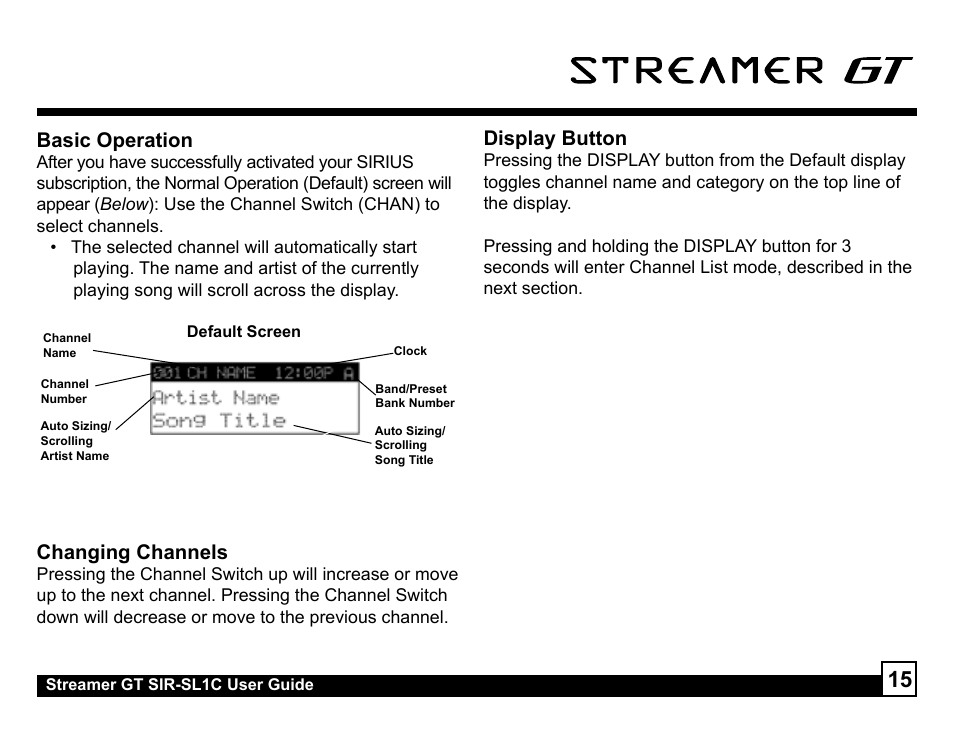 Changing channels, Basic operation, Display button | Sirius Satellite Radio SIR-SL1C User Manual | Page 15 / 36