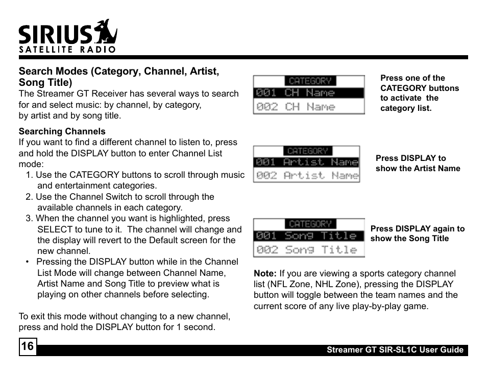 Sirius Satellite Radio SIR-SL1C User Manual | Page 16 / 36
