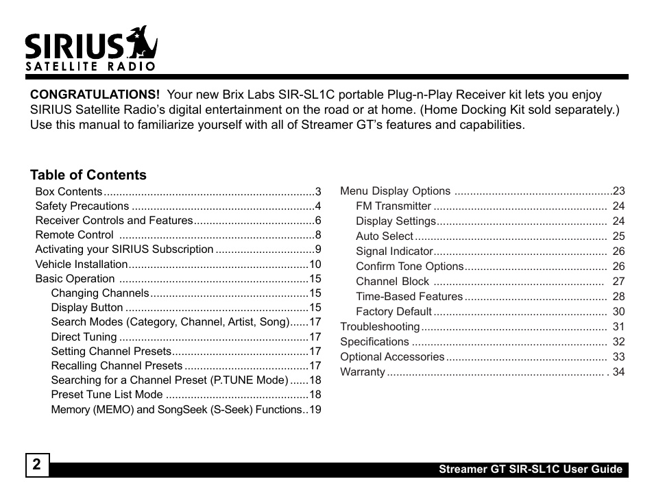 Sirius Satellite Radio SIR-SL1C User Manual | Page 2 / 36