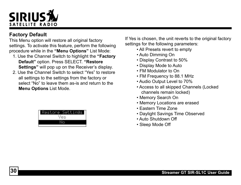 Sirius Satellite Radio SIR-SL1C User Manual | Page 30 / 36