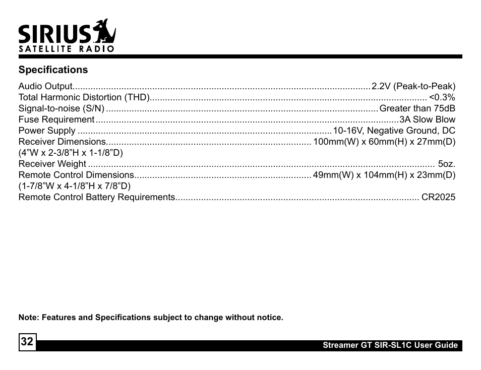 Sirius Satellite Radio SIR-SL1C User Manual | Page 32 / 36