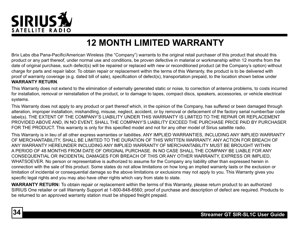 1 month limited warranty | Sirius Satellite Radio SIR-SL1C User Manual | Page 34 / 36