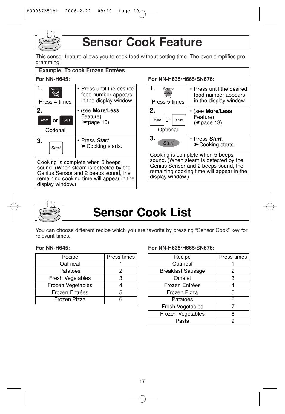 Sensor cook feature, Sensor cook list | Sirius Satellite Radio H635 User Manual | Page 19 / 64