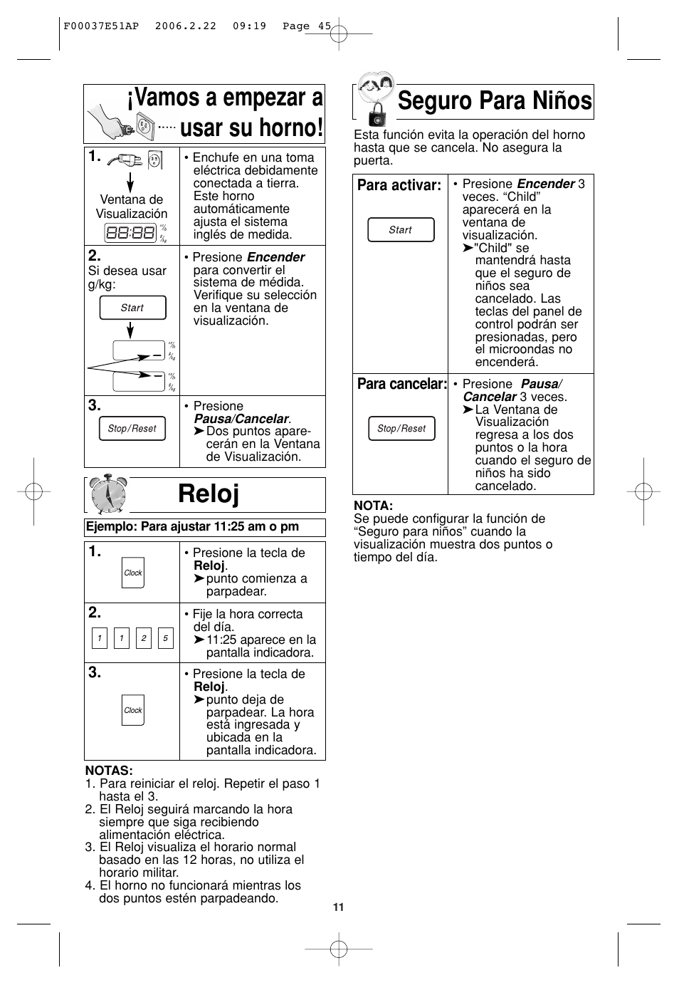 Vamos a empezar a usar su horno, Para ajuste del reloj, Seguro para ninos | Seguro para niños reloj | Sirius Satellite Radio H635 User Manual | Page 45 / 64