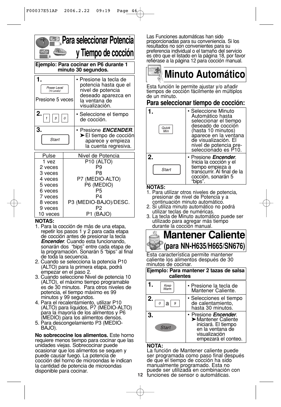 Para seleccionar potencia y tiempo de coccion, Funcion de minuto automatico, Para seleccionar potencia y tiempo de cocción | Minuto automático, Mantener caliente, Para seleccionar tiempo de cocción | Sirius Satellite Radio H635 User Manual | Page 46 / 64