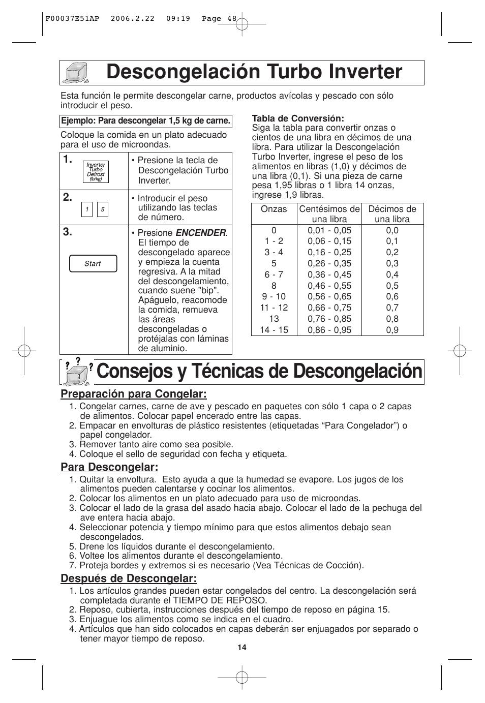 Funcion de descongelacion turbo inverter, Consejos y tecnicas de descongelacion, Descongelación turbo inverter | Consejos y técnicas de descongelación | Sirius Satellite Radio H635 User Manual | Page 48 / 64