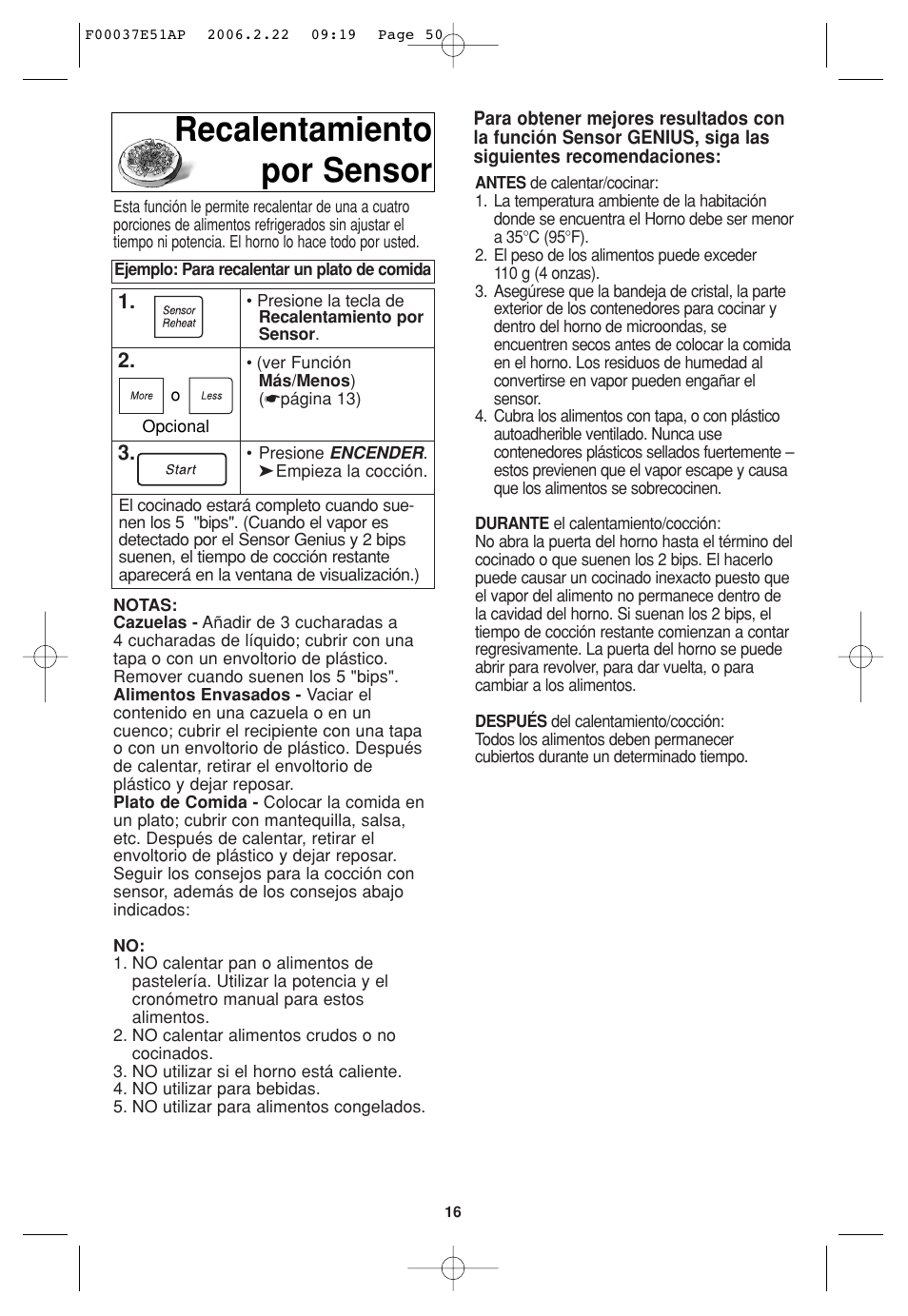 Funcion de recalentamiento por sensor, Recalentamiento por sensor | Sirius Satellite Radio H635 User Manual | Page 50 / 64