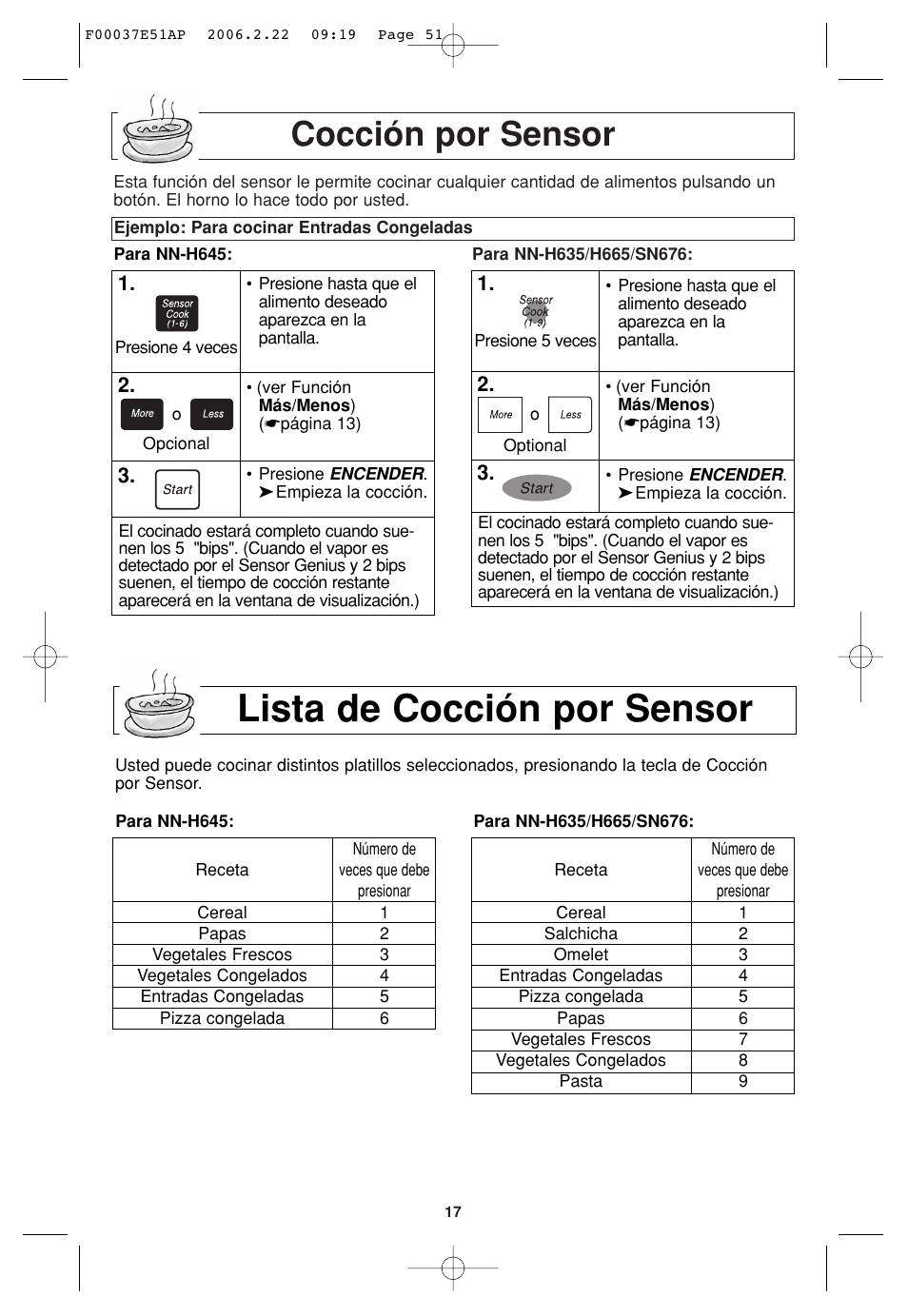 Funcion de coccion por sensor, Lista de cocción por sensor, Cocción por sensor | Sirius Satellite Radio H635 User Manual | Page 51 / 64