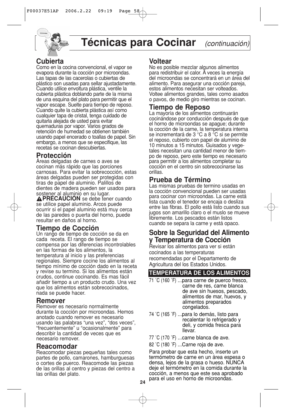 Técnicas para cocinar, Continuación) cubierta, Protección | Tiempo de cocción, Remover, Reacomodar, Voltear, Tiempo de reposo, Prueba de término | Sirius Satellite Radio H635 User Manual | Page 58 / 64