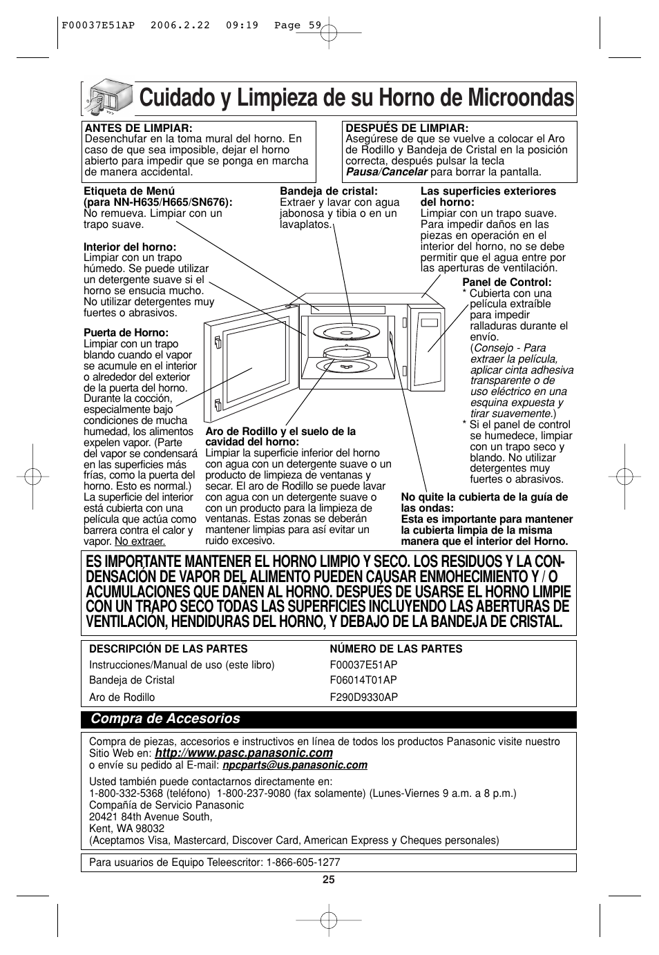 Mantenimiento, Cuidado y limpieza de su horno de microondas, Compra de accesorios | Sirius Satellite Radio H635 User Manual | Page 59 / 64