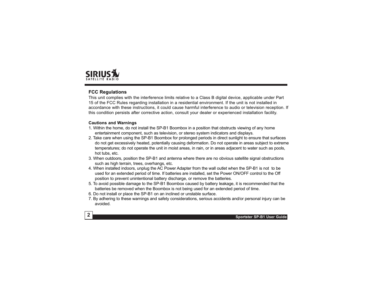 Sirius Satellite Radio SP-B1 User Manual | Page 2 / 12