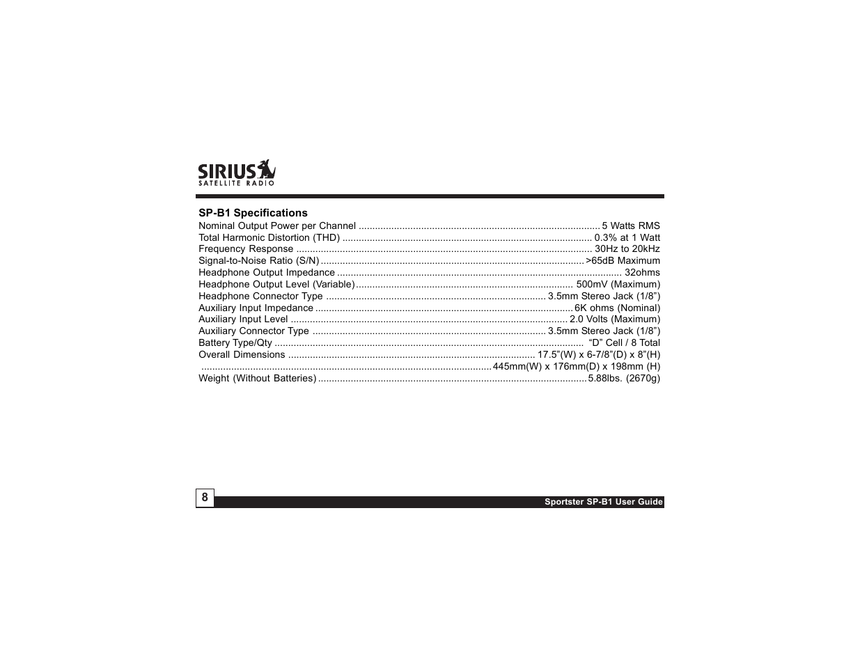 Sirius Satellite Radio SP-B1 User Manual | Page 8 / 12