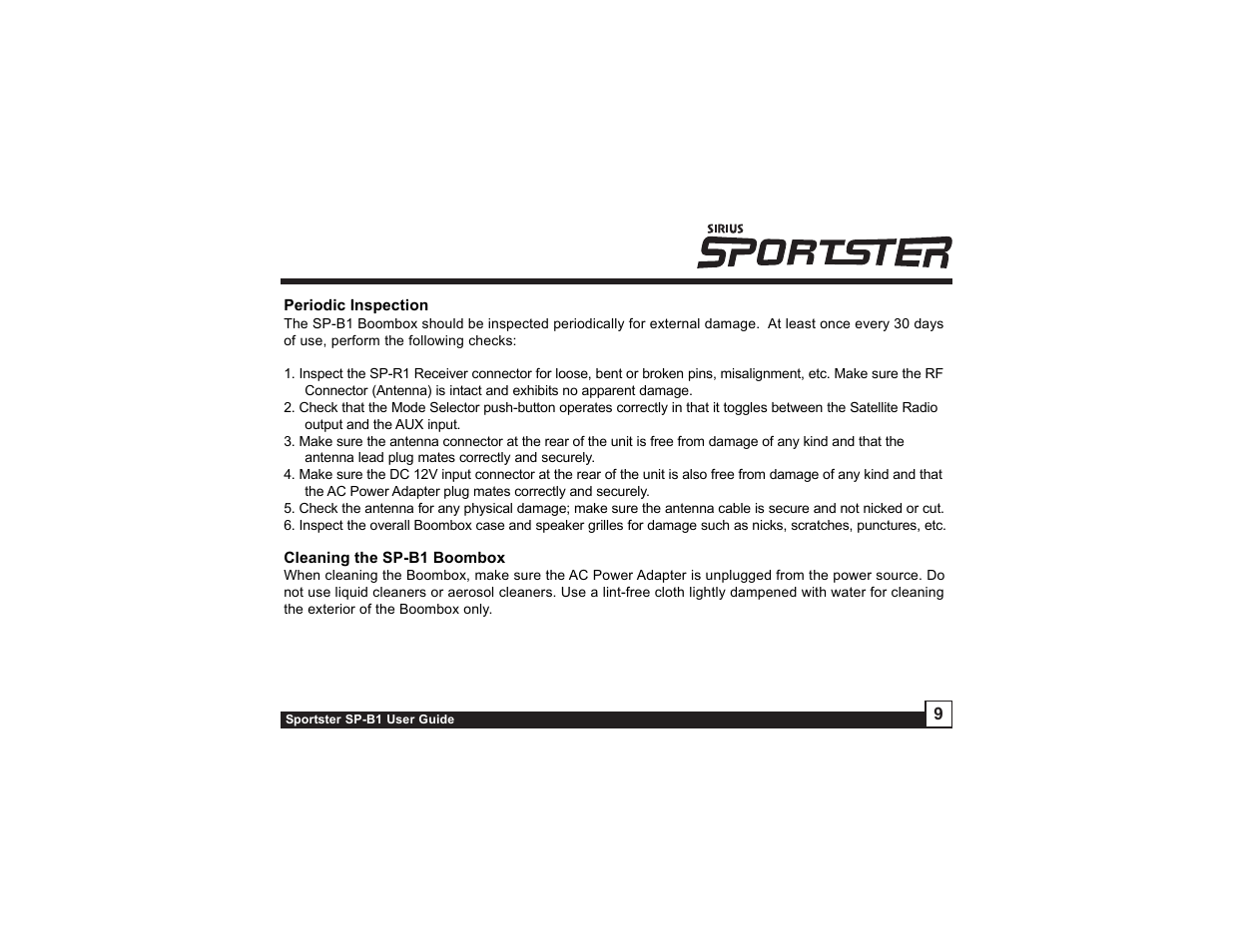 Sirius Satellite Radio SP-B1 User Manual | Page 9 / 12