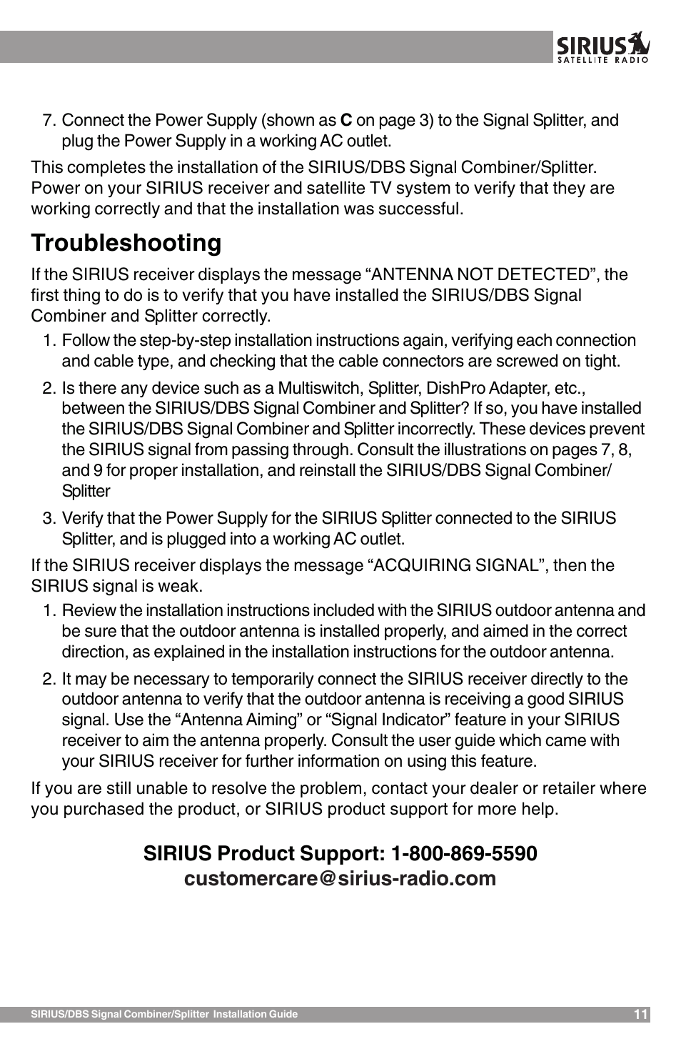 Troubleshooting | Sirius Satellite Radio SR-100C User Manual | Page 11 / 12