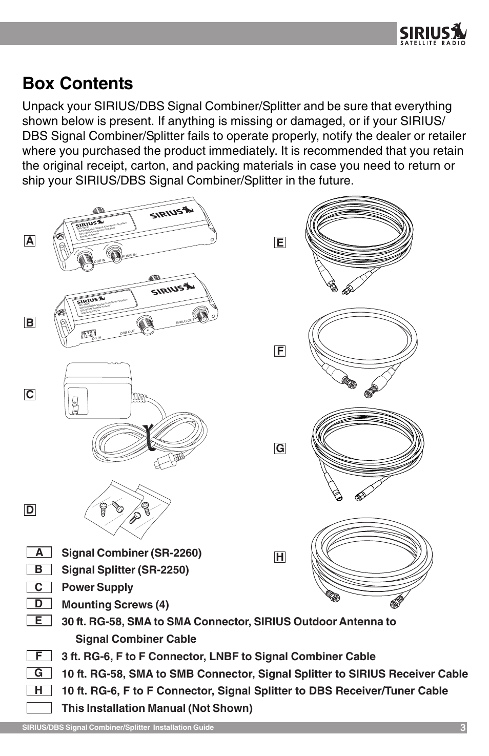 Box contents | Sirius Satellite Radio SR-100C User Manual | Page 3 / 12