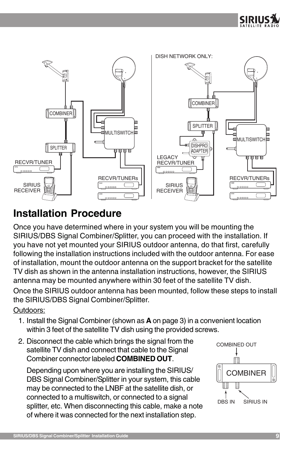 Installation procedure, Combiner | Sirius Satellite Radio SR-100C User Manual | Page 9 / 12