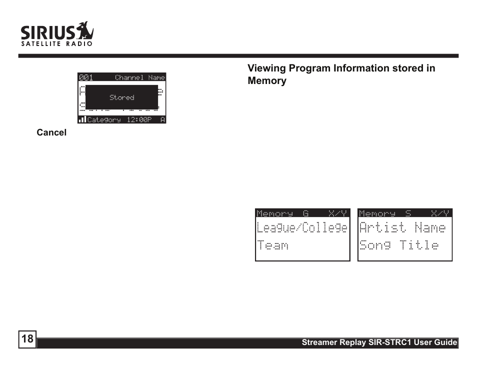 Artist name, League/college | Sirius Satellite Radio STREAMER SIR-STRC1 User Manual | Page 18 / 46