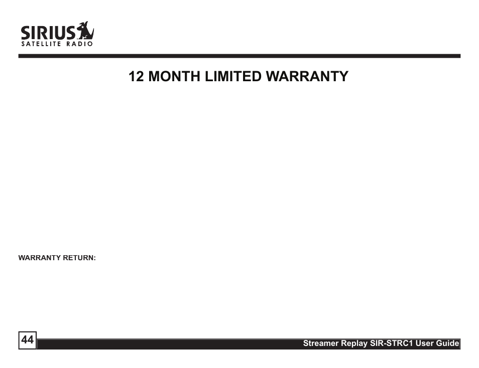 12 month limited warranty | Sirius Satellite Radio STREAMER SIR-STRC1 User Manual | Page 44 / 46