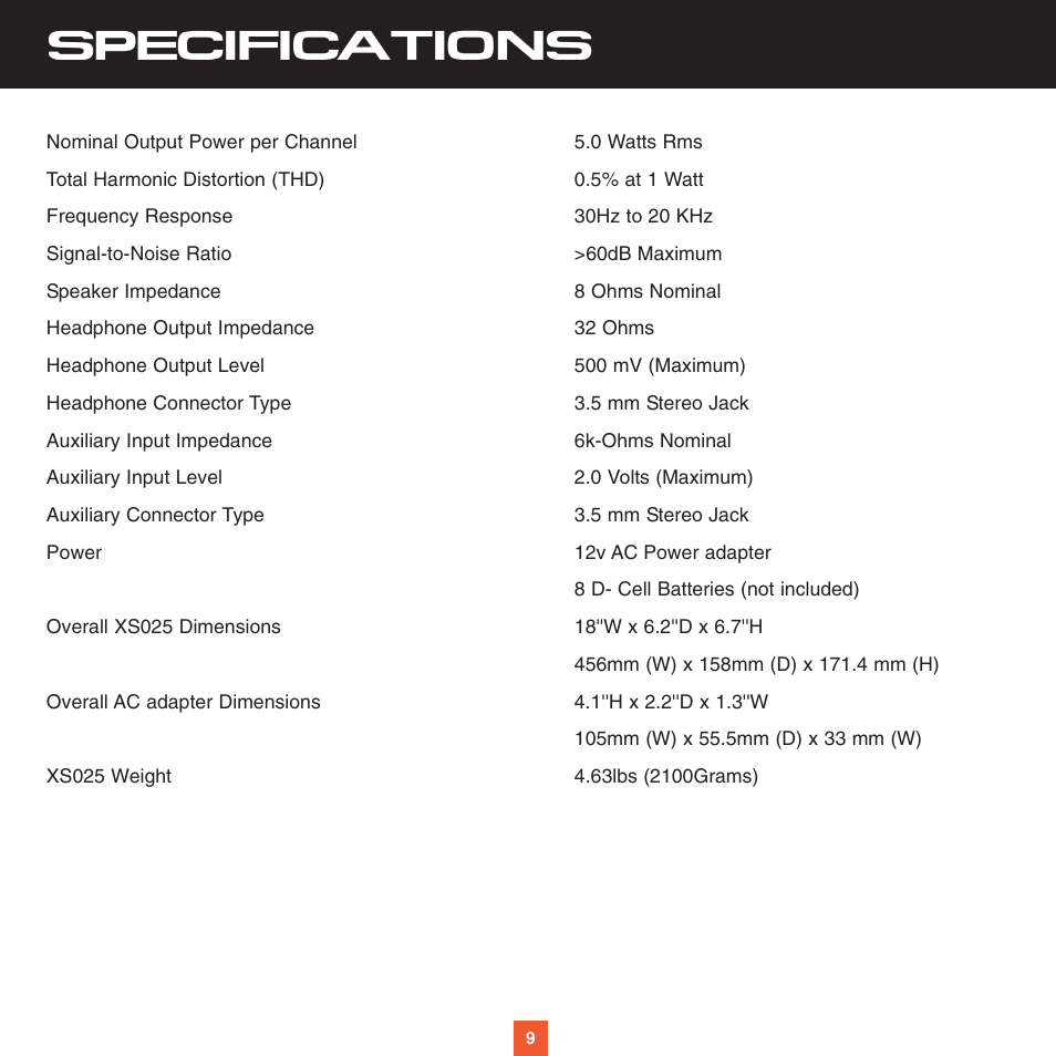 Specifications | Sirius Satellite Radio XS025 User Manual | Page 14 / 20