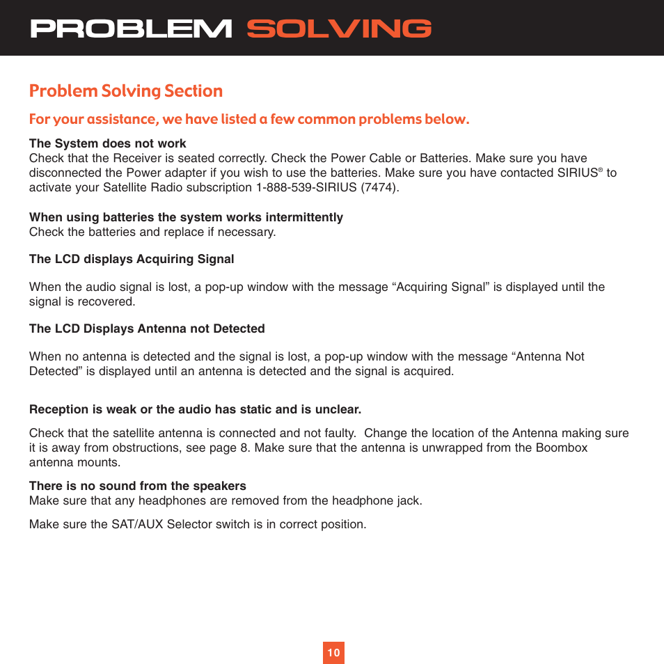 Problem solving | Sirius Satellite Radio XS025 User Manual | Page 15 / 20