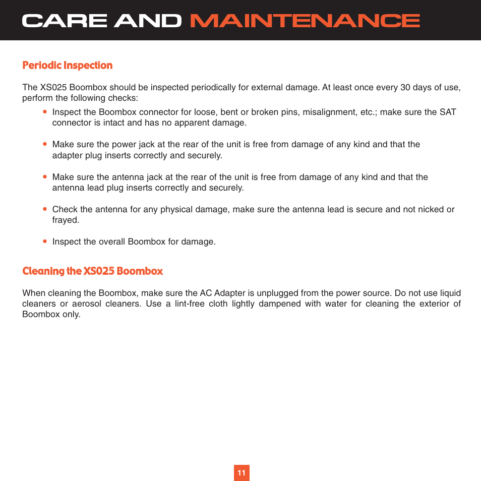 Care and maintenance | Sirius Satellite Radio XS025 User Manual | Page 16 / 20