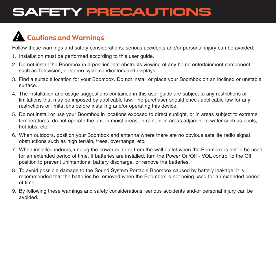 Safety precautions, Cautions and warnings | Sirius Satellite Radio XS025 User Manual | Page 4 / 20