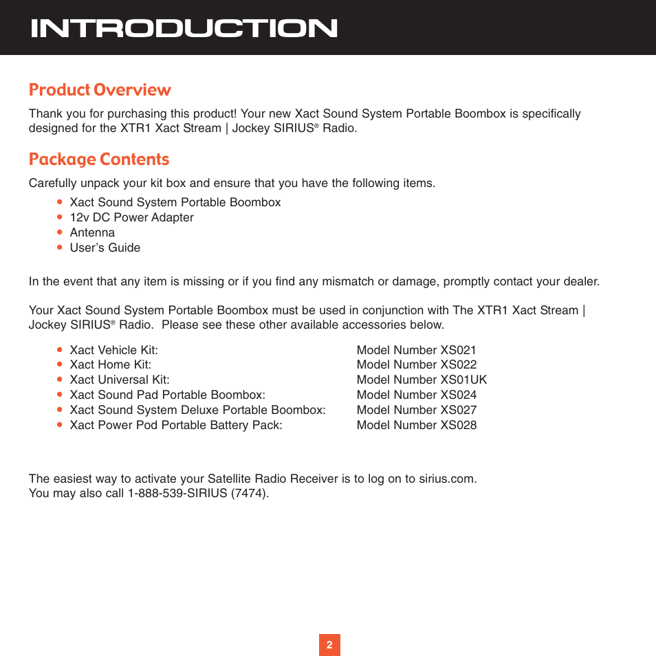 Introduction, Product overview, Package contents | Sirius Satellite Radio XS025 User Manual | Page 7 / 20