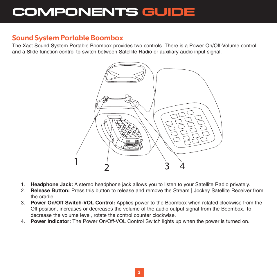 Components guide, Sound system portable boombox | Sirius Satellite Radio XS025 User Manual | Page 8 / 20