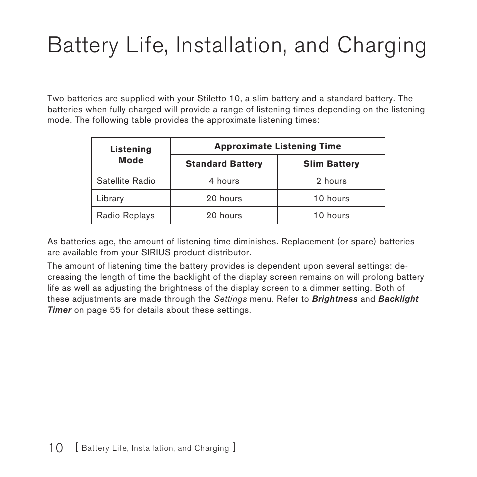 Battery life, installation, and charging | Sirius Satellite Radio 10 User Manual | Page 12 / 94