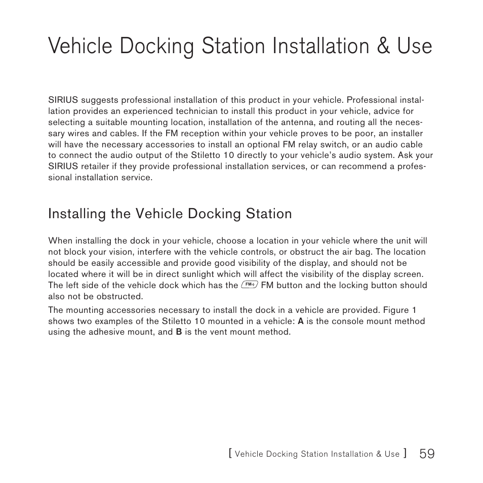 Vehicle docking station installation & use, Installing the vehicle docking station | Sirius Satellite Radio 10 User Manual | Page 61 / 94