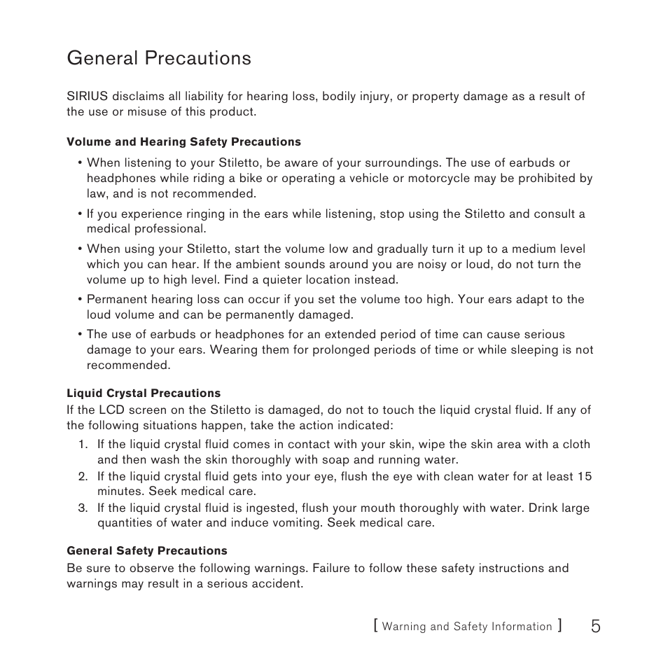 General precautions | Sirius Satellite Radio 10 User Manual | Page 7 / 94