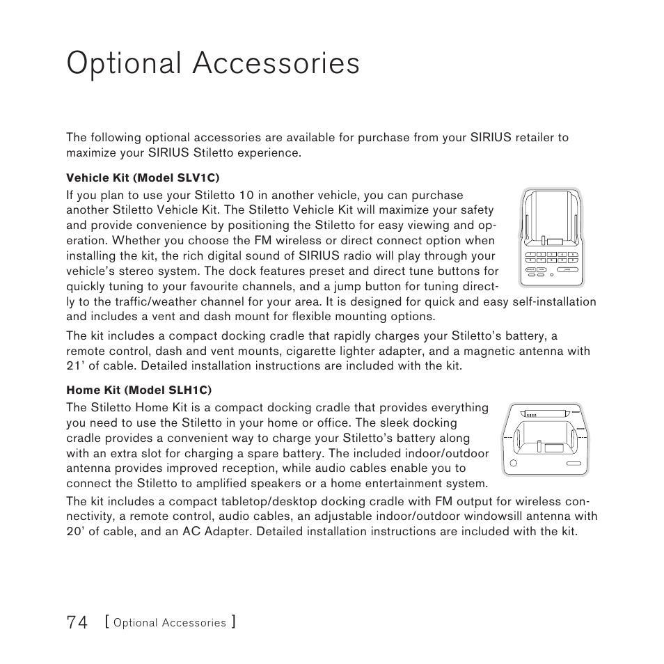 Optional accessories, Vehicle kit (model slv1c), Home kit (model slh1c) | Sirius Satellite Radio 10 User Manual | Page 76 / 94