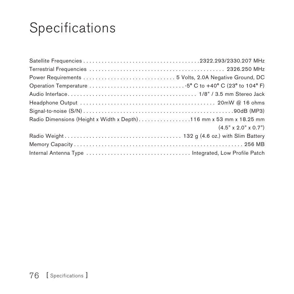 Specifications | Sirius Satellite Radio 10 User Manual | Page 78 / 94