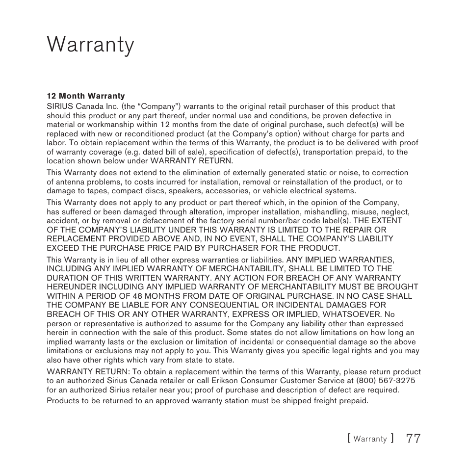 Warranty | Sirius Satellite Radio 10 User Manual | Page 79 / 94
