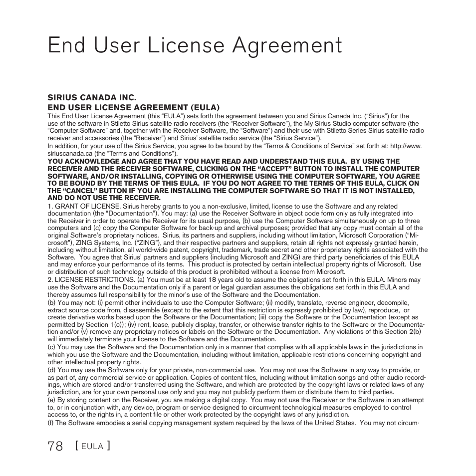 End user license agreement | Sirius Satellite Radio 10 User Manual | Page 80 / 94