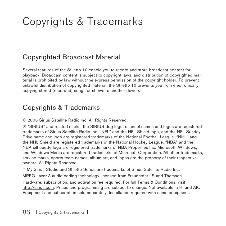 Copyrights & trademarks, Copyrighted broadcast material | Sirius Satellite Radio 10 User Manual | Page 88 / 94