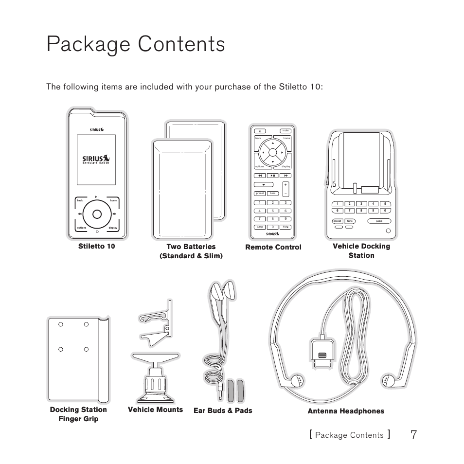 Package contents, Stiletto 10 | Sirius Satellite Radio 10 User Manual | Page 9 / 94