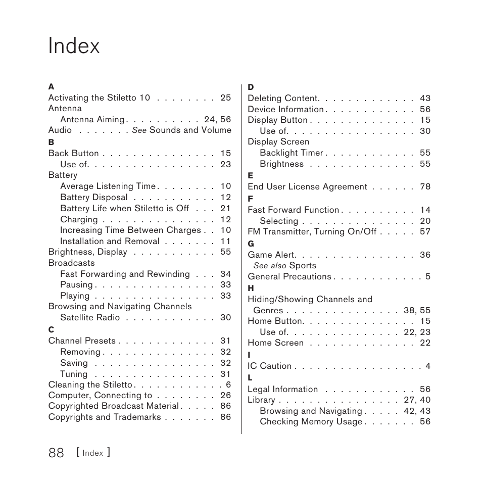 Index | Sirius Satellite Radio 10 User Manual | Page 90 / 94