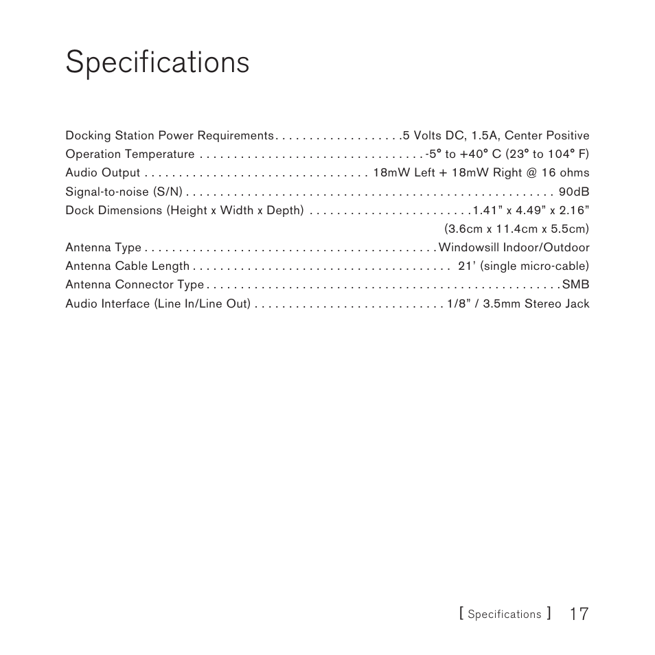 Specifications | Sirius Satellite Radio SUPH1 User Manual | Page 17 / 20