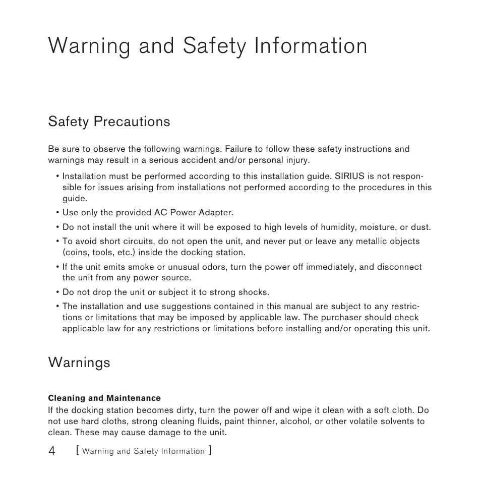 Warning and safety information, Safety precautions, Warnings | Sirius Satellite Radio SUPH1 User Manual | Page 4 / 20