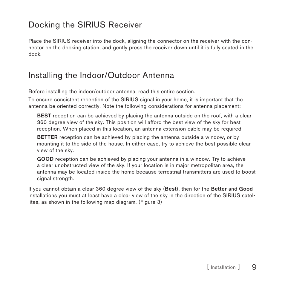 Docking the sirius receiver, Installing the indoor/outdoor antenna | Sirius Satellite Radio SUPH1 User Manual | Page 9 / 20