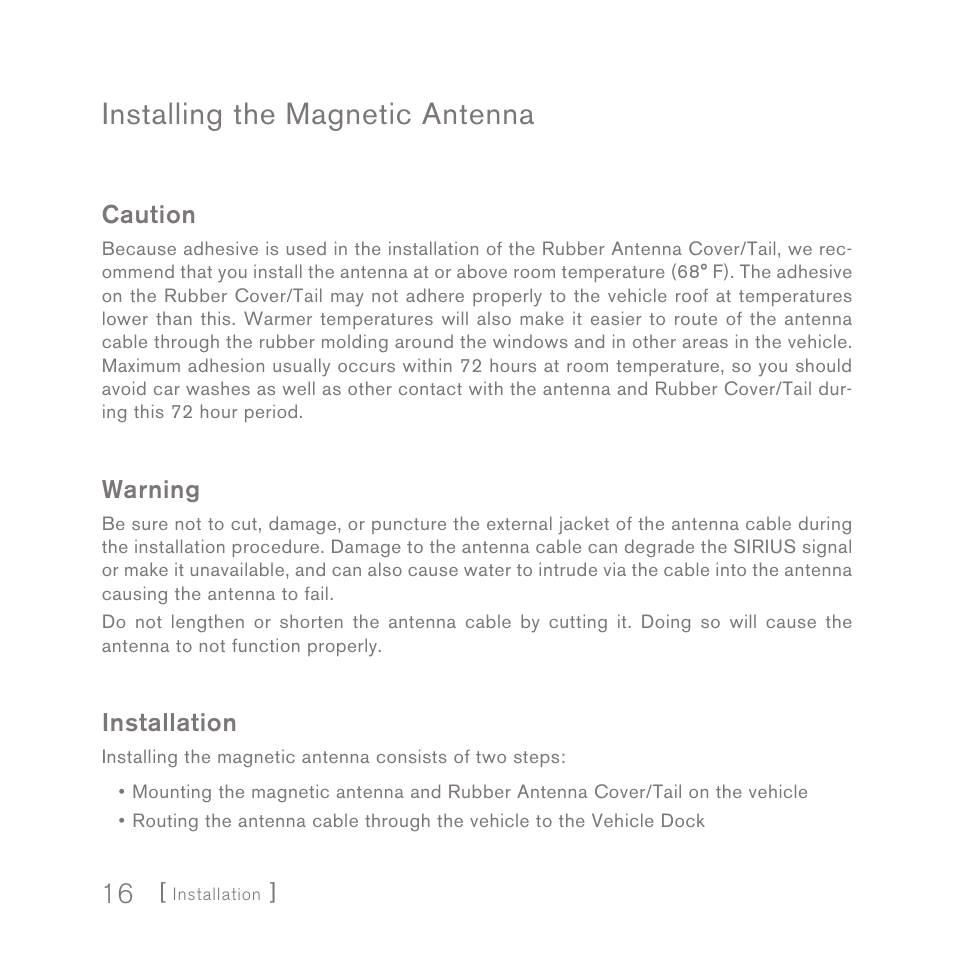 Installing the magnetic antenna | Sirius Satellite Radio INV2 User Manual | Page 16 / 80