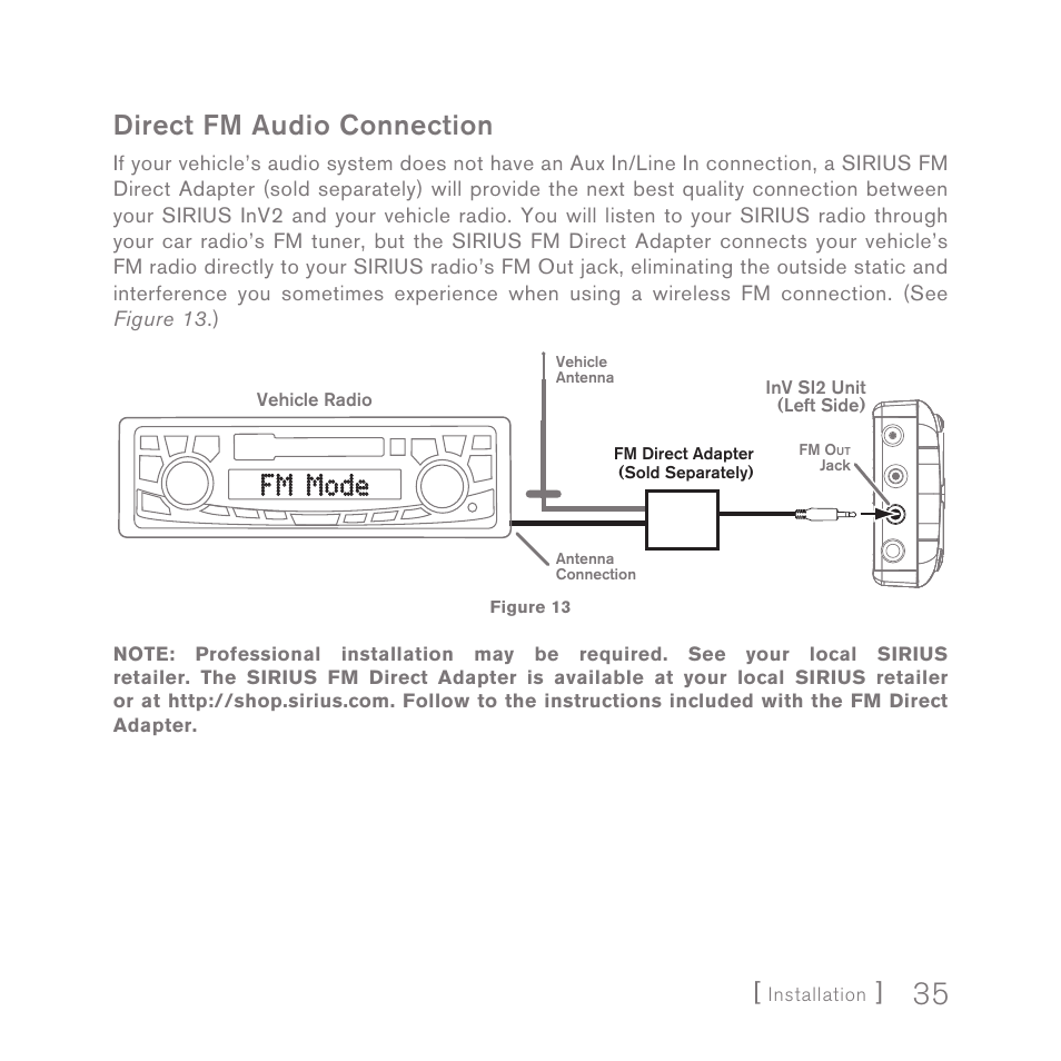 Fm mode, Direct fm audio connection | Sirius Satellite Radio INV2 User Manual | Page 35 / 80